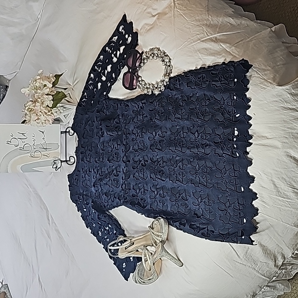 Loft Floral Lace Design Navy Blue Dress rounded scoop neck Mother of the bride